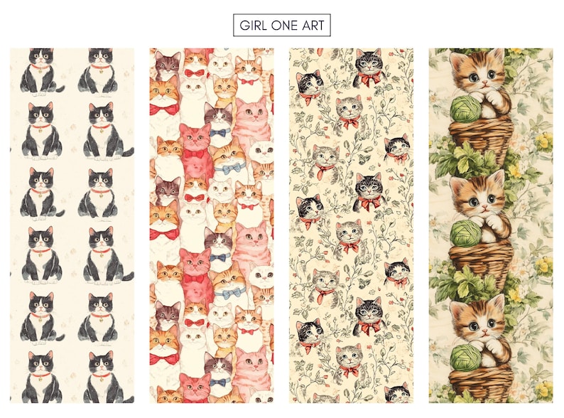 May include: Four different patterns featuring cats. The first pattern is a repeating pattern of black and white cats with red collars. The second pattern is a repeating pattern of cats with different colored fur and bow ties. The third pattern is a repeating pattern of cats with different colored fur and bow ties on a background with vines and flowers. The fourth pattern is a repeating pattern of orange and white cats holding balls of yarn in baskets.