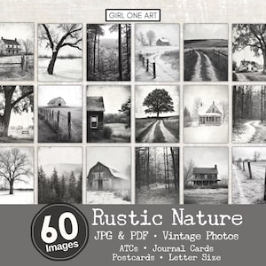 Könnte beinhalten: Eine Sammlung von 60 schwarz-weiß Bildern rustikaler Natur, darunter Vintage-Fotos von Häusern, Bäumen und ländlichen Landschaften. Die Bilder sind in JPG- und PDF-Formaten erhältlich, geeignet für ATCs, Journal Cards, Postkarten und Letter-Size-Drucke.