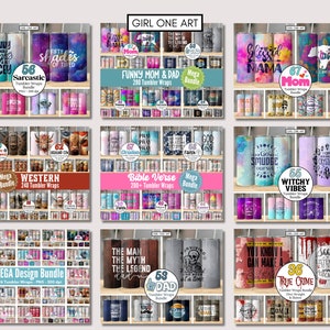 May include: A collection of 10 different sublimation tumbler wrap designs. Each design is displayed on a white tumbler with a variety of themes, including funny mom and dad, western, witchy vibes, true crime, and more. The designs are all in bright colors and feature a variety of fonts and graphics.