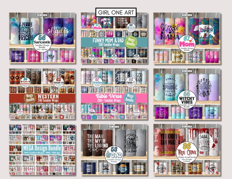 May include: A collection of 10 different sublimation tumbler wrap designs. Each design is displayed on a white tumbler with a variety of themes, including funny mom and dad, western, witchy vibes, true crime, and more. The designs are all in bright colors and feature a variety of fonts and graphics.