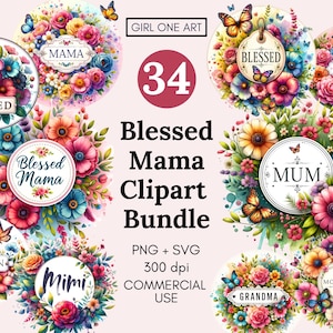 Gesegnete Mama Clipart Bundle PNG Bunte Boho Blumen Mutter Oma Aquarell Digitales Christliches Religiöses T-Shirt Designs Muttertagsgeschenk