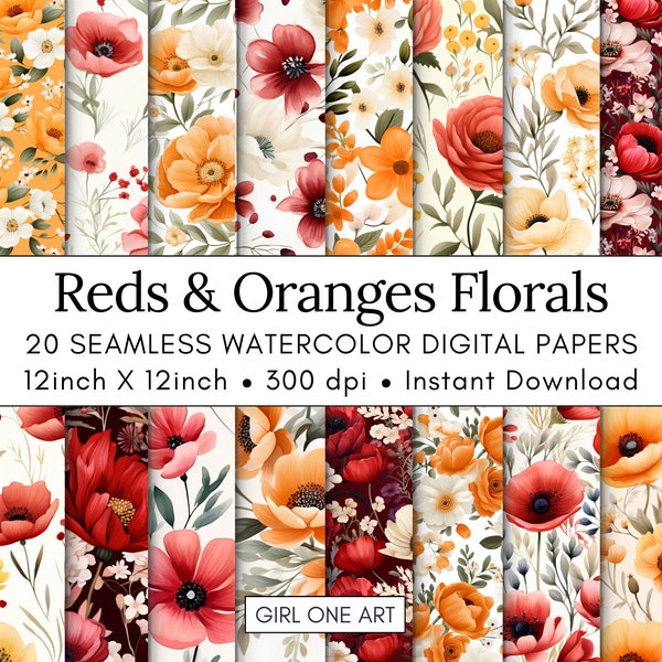 20 Reds & Oranges Watercolor Floral Printable Paper Seamless Shabby Chic Digital Download Wildflower Scrapbook Junk Journal Ephemera JPG