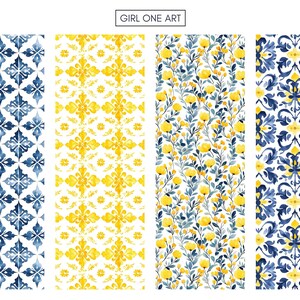 May include: Four seamless patterns featuring a repeating design of blue and yellow floral motifs on a white background. The patterns are arranged in a vertical row. The text "GIRL ONE ART" appears at the top of the image.