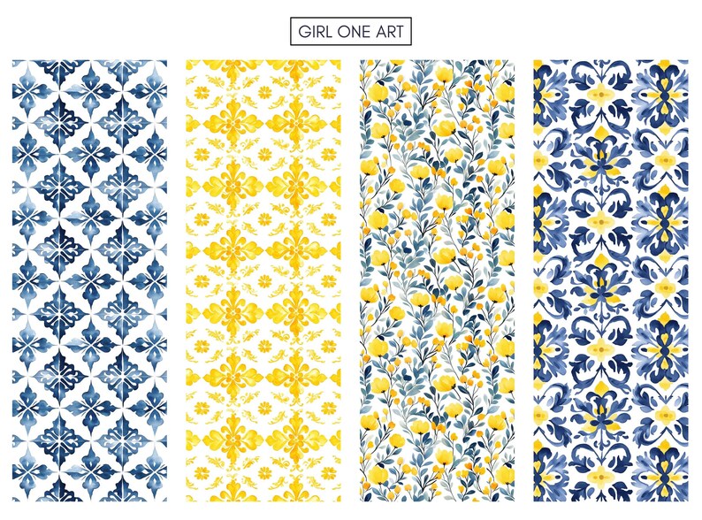 May include: Four seamless patterns featuring a repeating design of blue and yellow floral motifs on a white background. The patterns are arranged in a vertical row. The text "GIRL ONE ART" appears at the top of the image.
