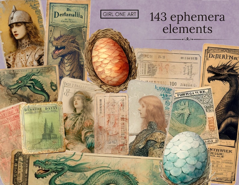 May include: A collection of 143 vintage ephemera elements featuring dragons, eggs, and other fantasy-themed illustrations. The images are printed on aged paper with a distressed look. The text on the images includes "Do Dertanaliia", "DEAMIINT DATAT", "DOLT RMAAPIGS", "100", "FORIEGATURE", "DEDER NO", "ENTRWIEK DELGIC REALR".