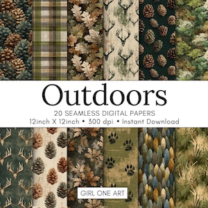 May include: A collection of 20 seamless digital papers featuring outdoor themes including pinecones, plaid patterns, oak leaves, deer antlers, animal tracks, feathers, and forest foliage in earthy tones. Text reads Outdoors 20 SEAMLESS DIGITAL PAPERS 12inch X 12inch 300 dpi Instant Download GIRL ONE ART.