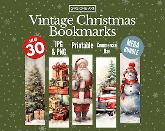 Vintage Christmas Printable Bookmark Bundle PNG JPG Vintage Noel Santa Holiday Scrapbook Junk Journal Book Lover Gift Tags Stocking Filler