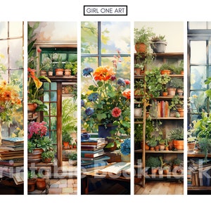 May include: A watercolor painting of a sunlit room with a bookshelf filled with books and plants. The room has large windows with views of greenery outside. The painting is divided into five sections, each showing a different part of the room.