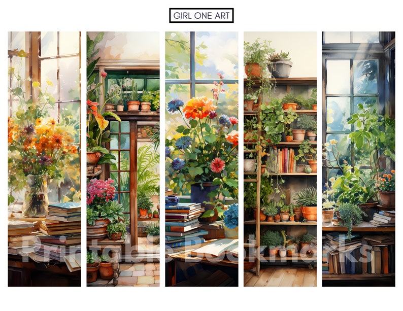 May include: A watercolor painting of a sunlit room with a bookshelf filled with books and plants. The room has large windows with views of greenery outside. The painting is divided into five sections, each showing a different part of the room.