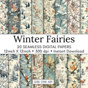 Carta da parati invernale senza soluzione di continuità JPG Fairy Junk Journal Download Sfondi natalizi della foresta del bosco Bundle Carte da favola Volpe Orso Cervo