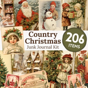Country Christmas Junk Journal Kit Instant Download digitaal plakboek papier Santa Claus collage vellen Victoriaanse ephemera achtergronden JPG