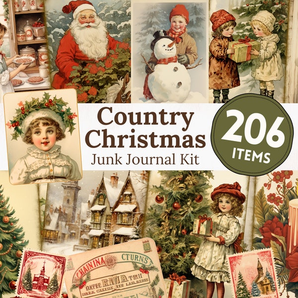 Country Christmas Junk Journal Kit Téléchargement instantané Papier Scrapbook numérique Feuilles de collage du Père Noël Fond éphémère victorien JPG