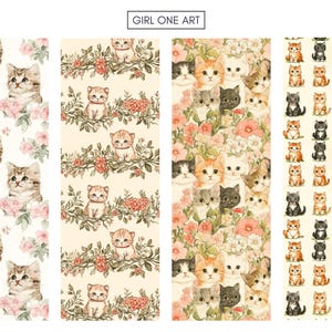 May include: A seamless pattern featuring a repeating design of cute cartoon cats with pink flowers and green leaves on a white background. The pattern is perfect for fabric, wallpaper, or wrapping paper.