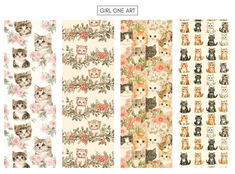 May include: A seamless pattern featuring a repeating design of cute cartoon cats with pink flowers and green leaves on a white background. The pattern is perfect for fabric, wallpaper, or wrapping paper.