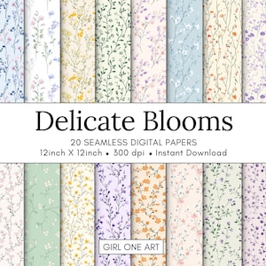 Puede incluir: Colección de 20 papeles digitales sin costuras con diseños florales. Cada papel presenta delicadas flores en varios colores, incluyendo azul, amarillo y morado. Los papeles miden 30,48 cm x 30,48 cm.