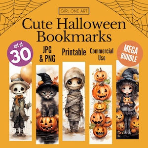 Cute Halloween Printable Bookmarks Bundle Digital Download PNG JPG Sublimation Whimsical Bookmark Set Commercial Use Bookmark Designs Cricut