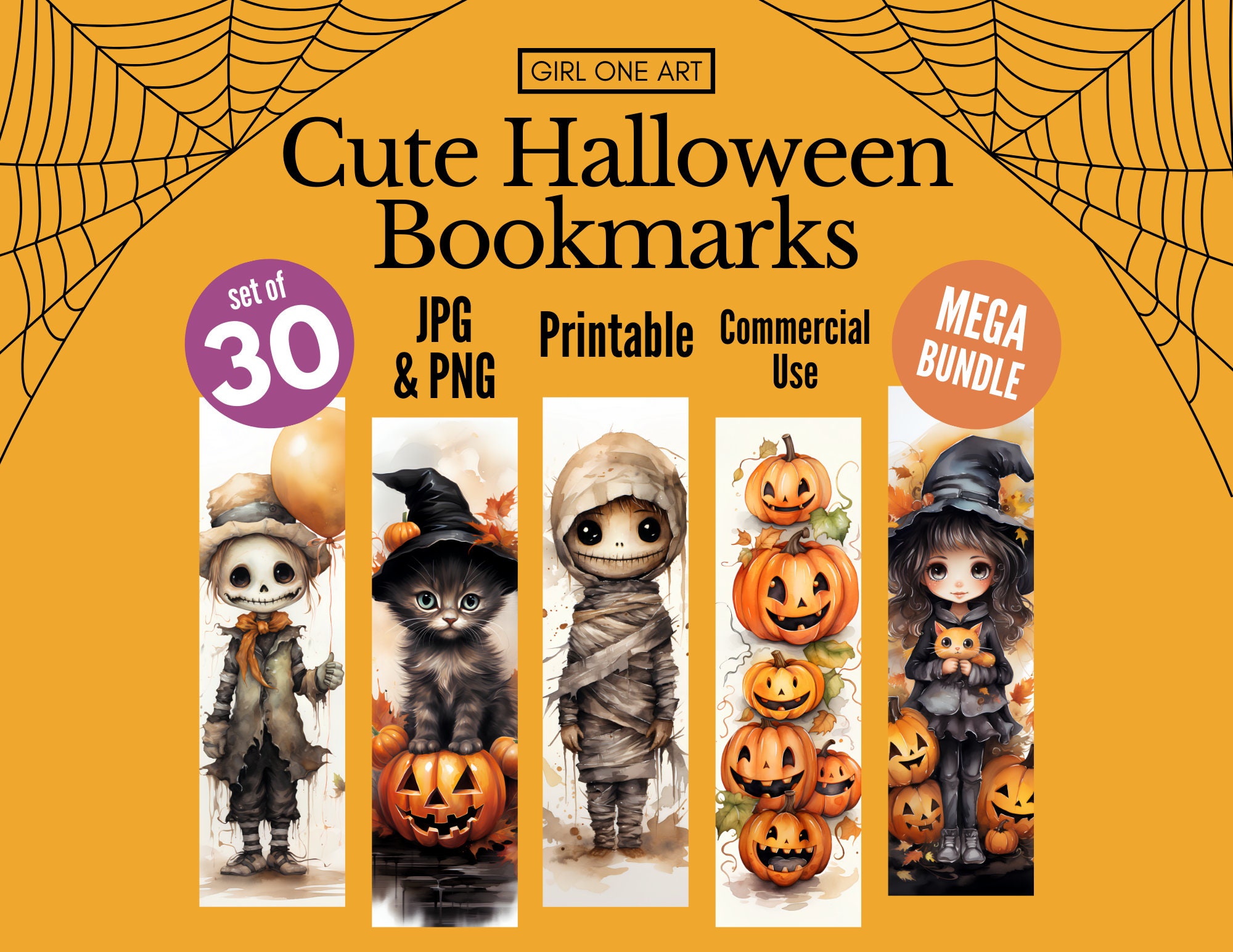 Cute Halloween Printable Bookmarks Bundle Digital Download PNG JPG Sublimation Whimsical Bookmark Set Commercial Use Bookmark Designs Cricut