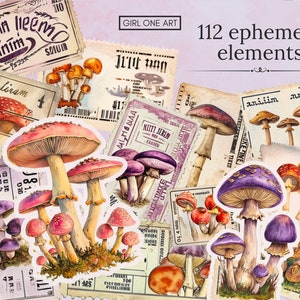 May include: A collection of 112 vintage-style ephemera elements featuring watercolor illustrations of mushrooms in various colors and shapes. The elements are perfect for scrapbooking, card making, and other craft projects.
