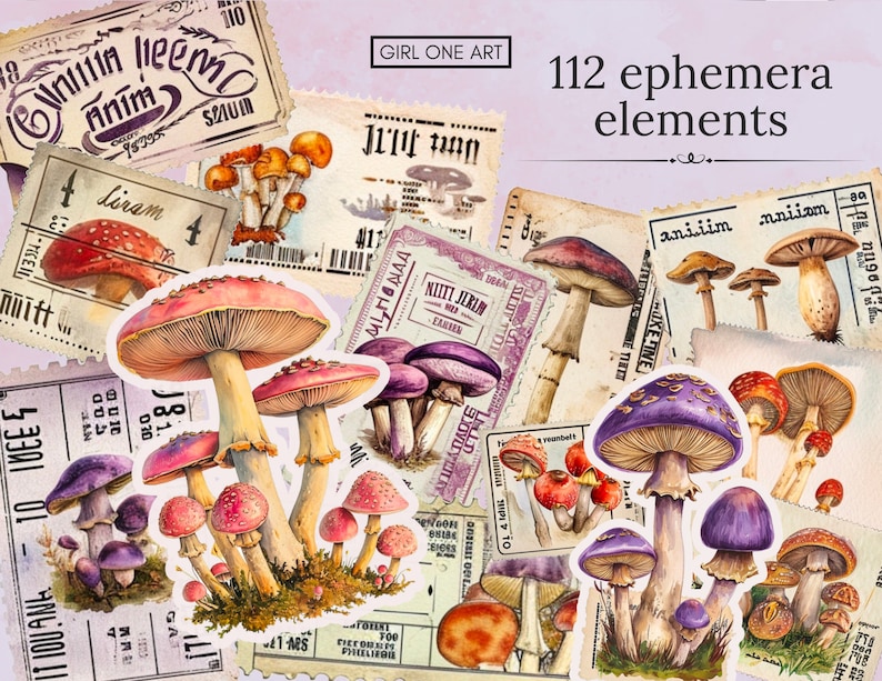 May include: A collection of 112 vintage-style ephemera elements featuring watercolor illustrations of mushrooms in various colors and shapes. The elements are perfect for scrapbooking, card making, and other craft projects.
