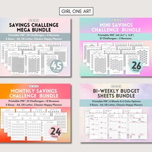 May include: Four printable PDF bundles for saving money. The bundles include a savings challenge mega bundle with 39 challenges and 6 bonuses, a mini savings challenge bundle with 21 challenges and 5 bonuses, a monthly savings challenge bundle with 12 challenges and 12 bonuses, and a bi-weekly budget sheets bundle with 6 sheets and 6 color options. All bundles are available in three sizes: A6, US Letter, and Classic Happy Planner.