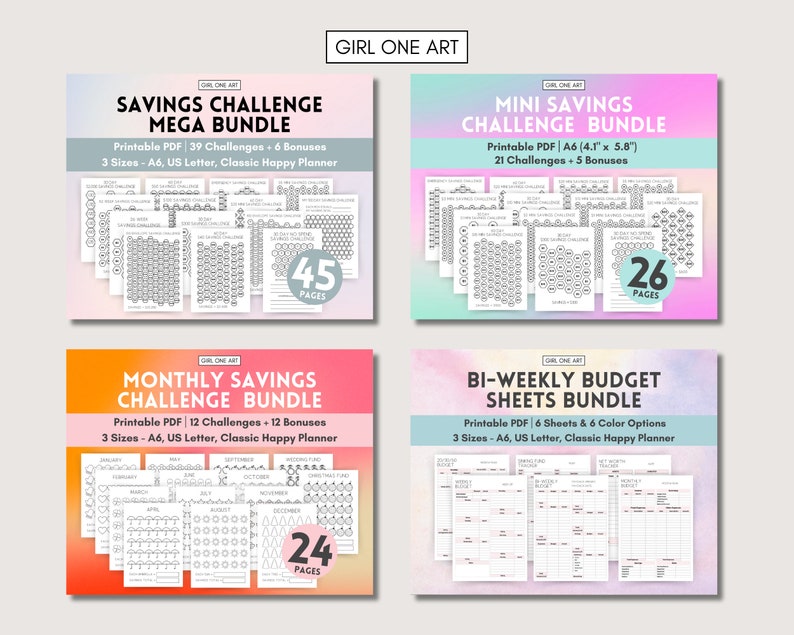 May include: Four printable PDF bundles for saving money. The bundles include a savings challenge mega bundle with 39 challenges and 6 bonuses, a mini savings challenge bundle with 21 challenges and 5 bonuses, a monthly savings challenge bundle with 12 challenges and 12 bonuses, and a bi-weekly budget sheets bundle with 6 sheets and 6 color options. All bundles are available in three sizes: A6, US Letter, and Classic Happy Planner.