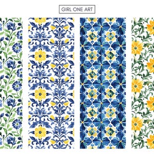 May include: Four different seamless patterns featuring blue and yellow floral designs. The patterns are on a white background. The patterns are perfect for fabric, wallpaper, or other decorative projects.