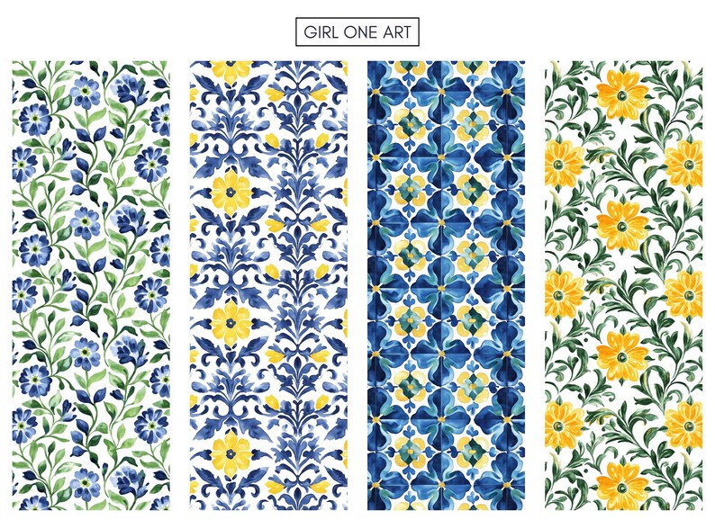 May include: Four different seamless patterns featuring blue and yellow floral designs. The patterns are on a white background. The patterns are perfect for fabric, wallpaper, or other decorative projects.