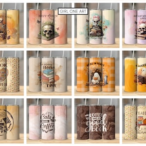 May include: Set of 12 colorful stainless steel tumblers with various autumn-themed designs featuring skulls, books, ghosts, pumpkins, and fall leaves. The tumblers have a variety of text including "Book Lover", "So many Books", "Read in Peace", "Dogs, Books, and Coffee", "Cats, Books, and Coffee", "Coffee and a Good Book", and "Reading is my Therapy".