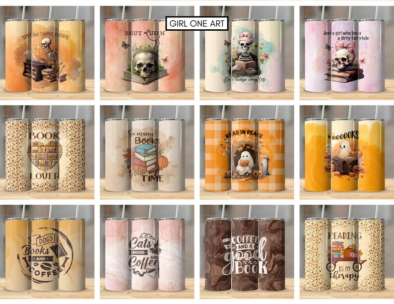 May include: Set of 12 colorful stainless steel tumblers with various autumn-themed designs featuring skulls, books, ghosts, pumpkins, and fall leaves. The tumblers have a variety of text including "Book Lover", "So many Books", "Read in Peace", "Dogs, Books, and Coffee", "Cats, Books, and Coffee", "Coffee and a Good Book", and "Reading is my Therapy".