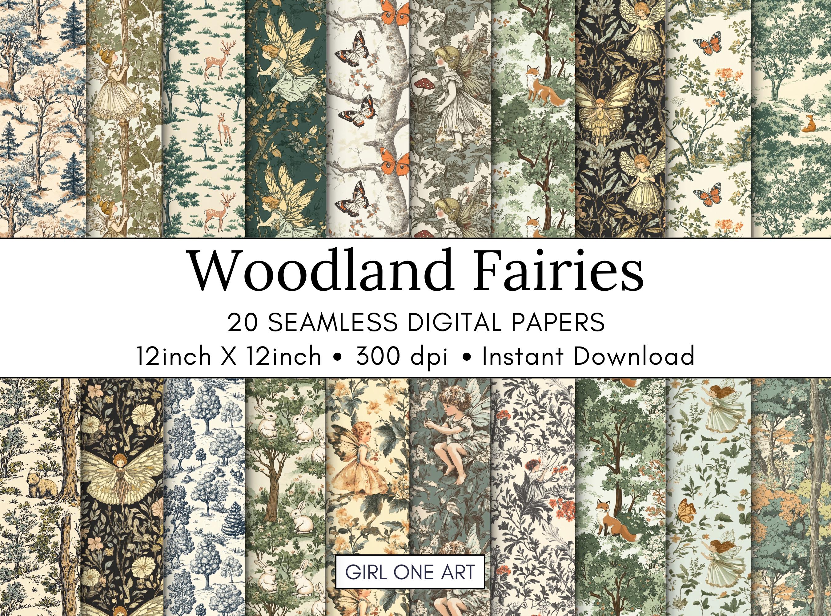 Woodland Fairies Printable Paper Seamless JPG Fairy Junk Journal Download Magical Forest Backgrounds Bundle Fairytale Papers Fox Bear Deer