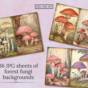 May include: 36 digital paper sheets featuring watercolor illustrations of forest mushrooms. The illustrations are in a vintage style with a variety of colors, including red, pink, purple, and white. The mushrooms are depicted in various sizes and shapes, with some growing in clusters and others standing alone. The backgrounds are a mix of green, brown, and yellow, creating a sense of depth and realism.