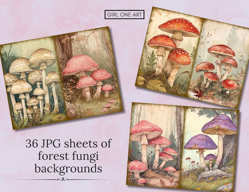 May include: 36 digital paper sheets featuring watercolor illustrations of forest mushrooms. The illustrations are in a vintage style with a variety of colors, including red, pink, purple, and white. The mushrooms are depicted in various sizes and shapes, with some growing in clusters and others standing alone. The backgrounds are a mix of green, brown, and yellow, creating a sense of depth and realism.