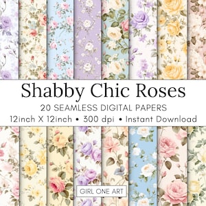 20 Shabby Chic Rosas Papel imprimible Sin costuras Romántico Floral Digital Descargar Vintage Scrapbook Papel Flor Junk Journal JPG Hoja de collage imagen 1