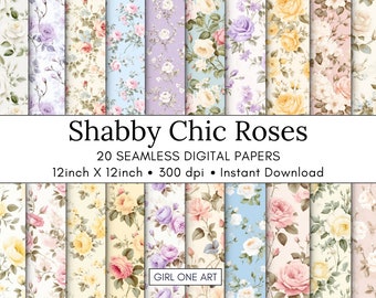 20 Shabby Chic Roses Printable Paper Seamless Romantic Floral Digital Download Vintage Scrapbook Paper Flower Junk Journal JPG Collage Sheet