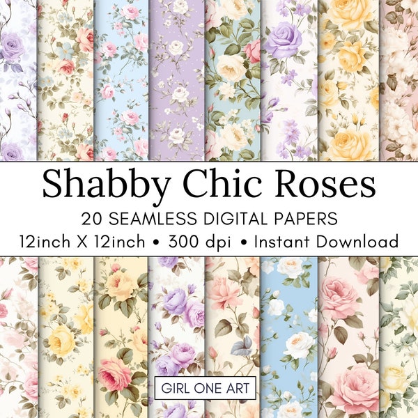 20 Shabby Chic Roses Printable Paper Seamless Romantic Floral Digital Download Vintage Scrapbook Paper Flower Junk Journal JPG Collage Sheet