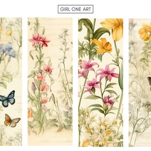 May include: A digital collage of four floral patterns featuring butterflies. The patterns include pink, yellow, and blue flowers with green leaves on a cream background.