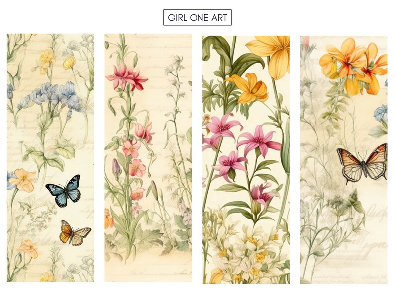May include: A digital collage of four floral patterns featuring butterflies. The patterns include pink, yellow, and blue flowers with green leaves on a cream background.