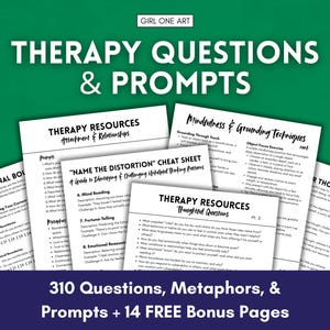 Puede incluir: Una colección de hojas de papel blancas con preguntas y recursos de terapia, incluyendo "Preguntas y indicaciones de terapia" y "Recursos de terapia". La imagen presenta texto como "Técnicas de atención plena y conexión a tierra" y "Name the Distortion Cheat Sheet".