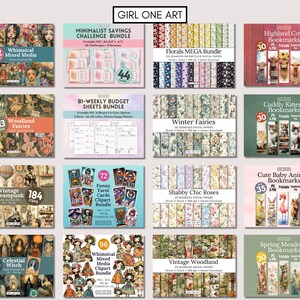 May include: A collage of digital products for sale, including printable budget sheets, digital paper packs, clipart bundles, and bookmarks. The products feature whimsical illustrations of fairies, animals, and flowers.