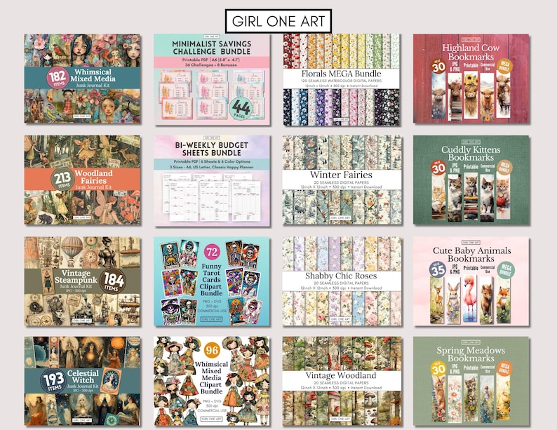 May include: A collage of digital products for sale, including printable budget sheets, digital paper packs, clipart bundles, and bookmarks. The products feature whimsical illustrations of fairies, animals, and flowers.