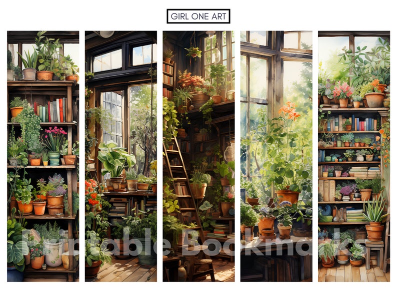 Peut inclure: Un ensemble de cinq marque-pages repr&eacute;sentant une peinture &agrave; l'aquarelle d'une serre ensoleill&eacute;e remplie de plantes et de livres. Les marque-pages sont imprim&eacute;s sur du papier de haute qualit&eacute; et sont parfaits pour marquer votre place dans vos livres pr&eacute;f&eacute;r&eacute;s.
