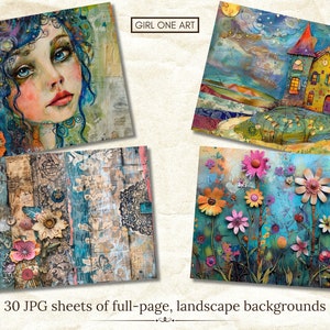 May include: Four colorful art prints featuring mixed media artwork. One print depicts a woman's face with blue eyes and hair. Another shows a whimsical house on a hill. The third features flowers, and the fourth has a collage design. The text reads "GIRL ONE ART" and "30 JPG sheets of full-page, landscape backgrounds."