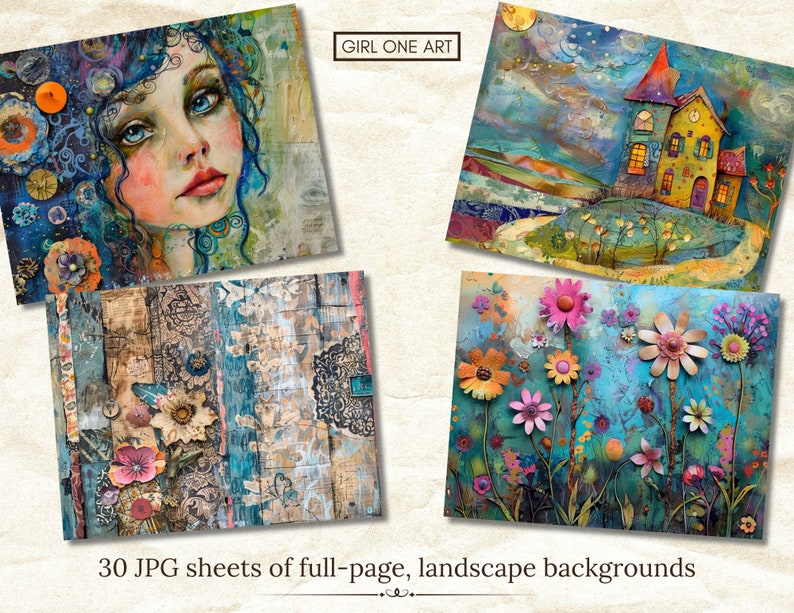 May include: Four colorful art prints featuring mixed media artwork. One print depicts a woman's face with blue eyes and hair. Another shows a whimsical house on a hill. The third features flowers, and the fourth has a collage design. The text reads "GIRL ONE ART" and "30 JPG sheets of full-page, landscape backgrounds."