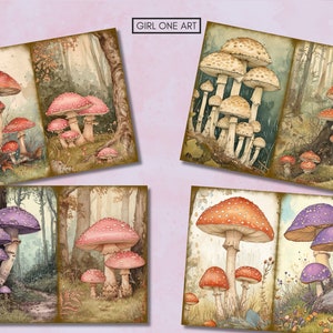 May include: A set of six digital illustrations featuring various types of mushrooms in a forest setting. The mushrooms are depicted in a watercolor style with vibrant colors and intricate details. The illustrations are perfect for adding a touch of whimsy and nature to any project.