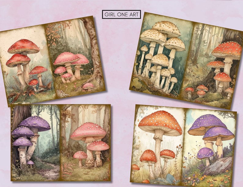 May include: A set of six digital illustrations featuring various types of mushrooms in a forest setting. The mushrooms are depicted in a watercolor style with vibrant colors and intricate details. The illustrations are perfect for adding a touch of whimsy and nature to any project.