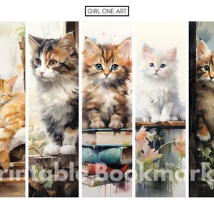 Peut inclure: Ensemble de cinq marque-pages aquarelle avec d'adorables chatons dans diverses poses. Les marque-pages pr&eacute;sentent un tabby orange endormi, un chat calico, un chaton aux yeux bleus, un chaton blanc et un tabby brun. Le texte "Printable Bookmarks" est visible.