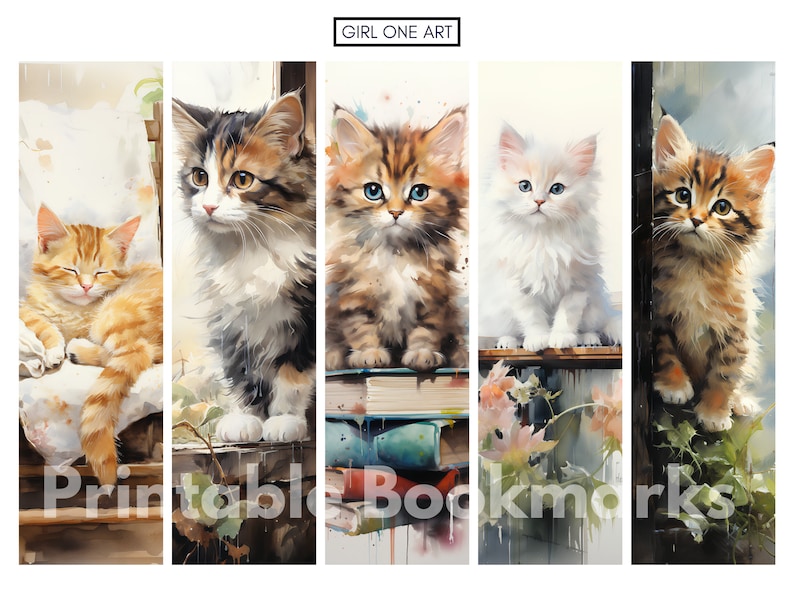 Peut inclure: Ensemble de cinq marque-pages aquarelle avec d'adorables chatons dans diverses poses. Les marque-pages pr&eacute;sentent un tabby orange endormi, un chat calico, un chaton aux yeux bleus, un chaton blanc et un tabby brun. Le texte "Printable Bookmarks" est visible.