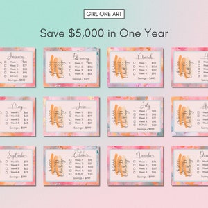 May include: A printable chart with a watercolor background and a peach and orange color scheme. The chart is designed to help people save $5,000 in one year. It includes a monthly breakdown of savings goals, with a weekly savings amount listed for each month.