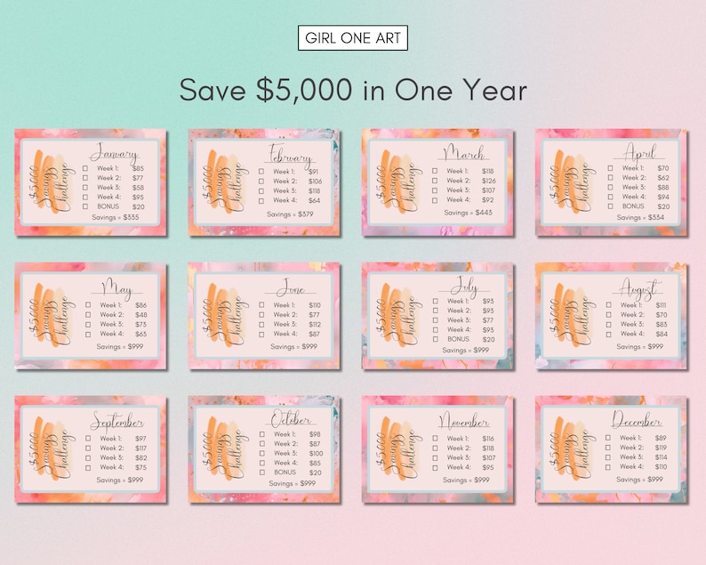 May include: A printable chart with a watercolor background and a peach and orange color scheme. The chart is designed to help people save $5,000 in one year. It includes a monthly breakdown of savings goals, with a weekly savings amount listed for each month.