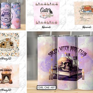 May include: A set of six sublimation designs for tumblers featuring various book-themed illustrations. The designs include a cat reading a book with coffee, a stack of books with the text "abibliophobia", a stack of books with the text "There is no such thing as too many books", a ghost reading a book in a fireplace, and a skull with a stack of books and the text "Salem Witch Book Club".